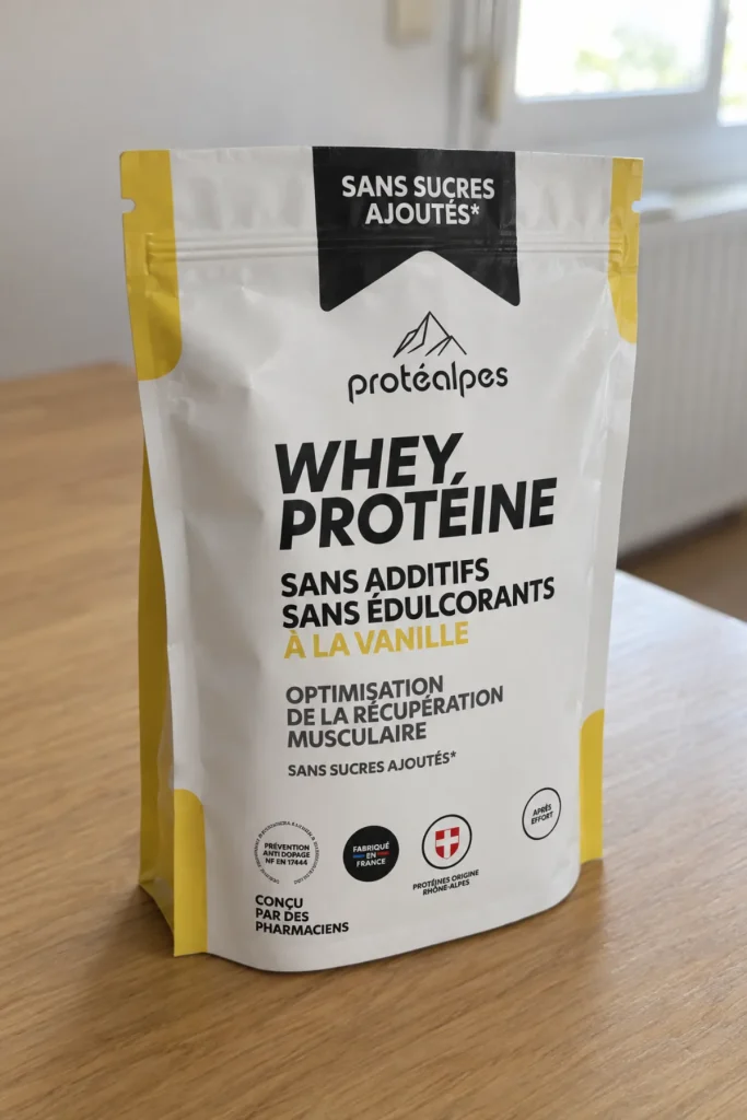 Sachet de Whey Protéine Protéalpes vanille sans sucres ajoutés posé sur une table en bois