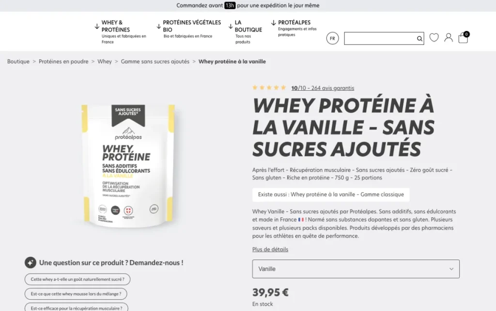 Page produit de la whey Protéalpes vanille sans sucres ajoutés