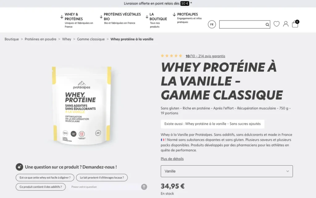 Page produit de la whey Protéalpes vanille gamme classique