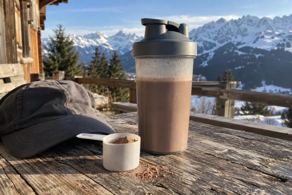 Shaker de whey au cacao sur une table en bois de chalet, montagnes en arrière-plan flou