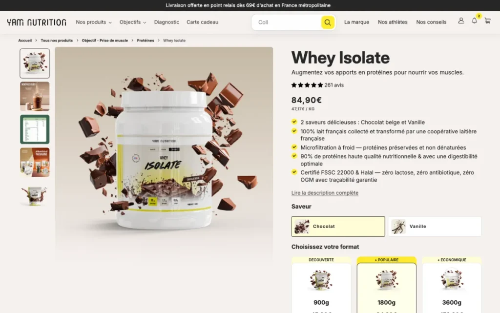 Page produit de la Whey Isolate YAM Nutrition