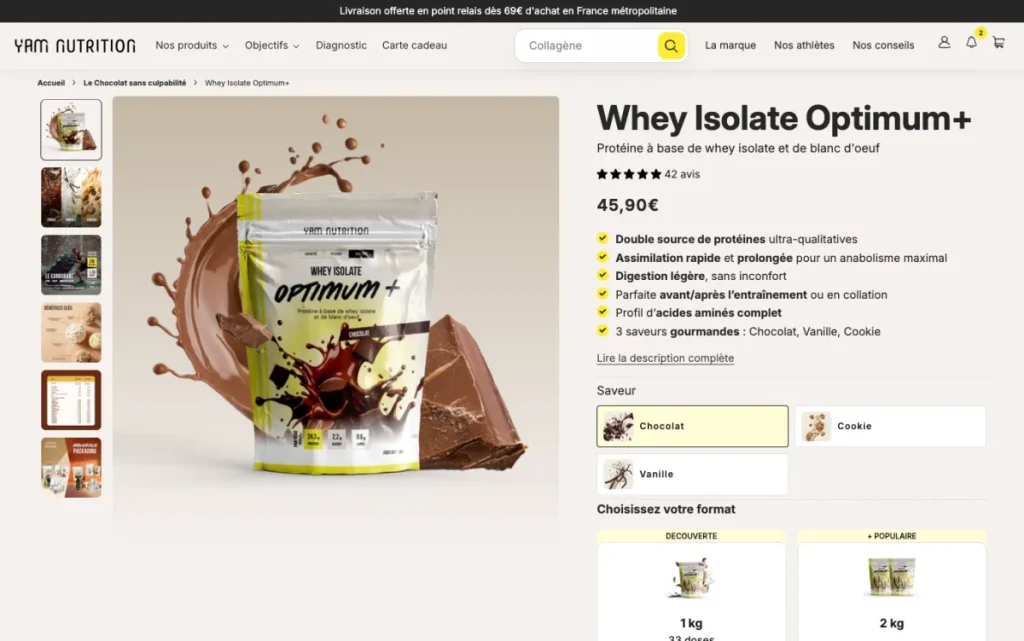 Page produit de la Whey Isolate Optimum+ YAM Nutrition
