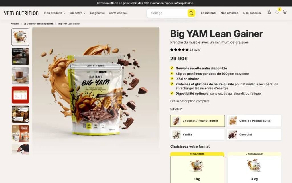 Page produit du Big YAM Lean Gainer YAM Nutrition