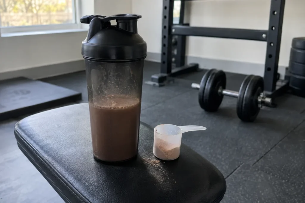Shaker de whey chocolat et doseur sur un banc de musculation